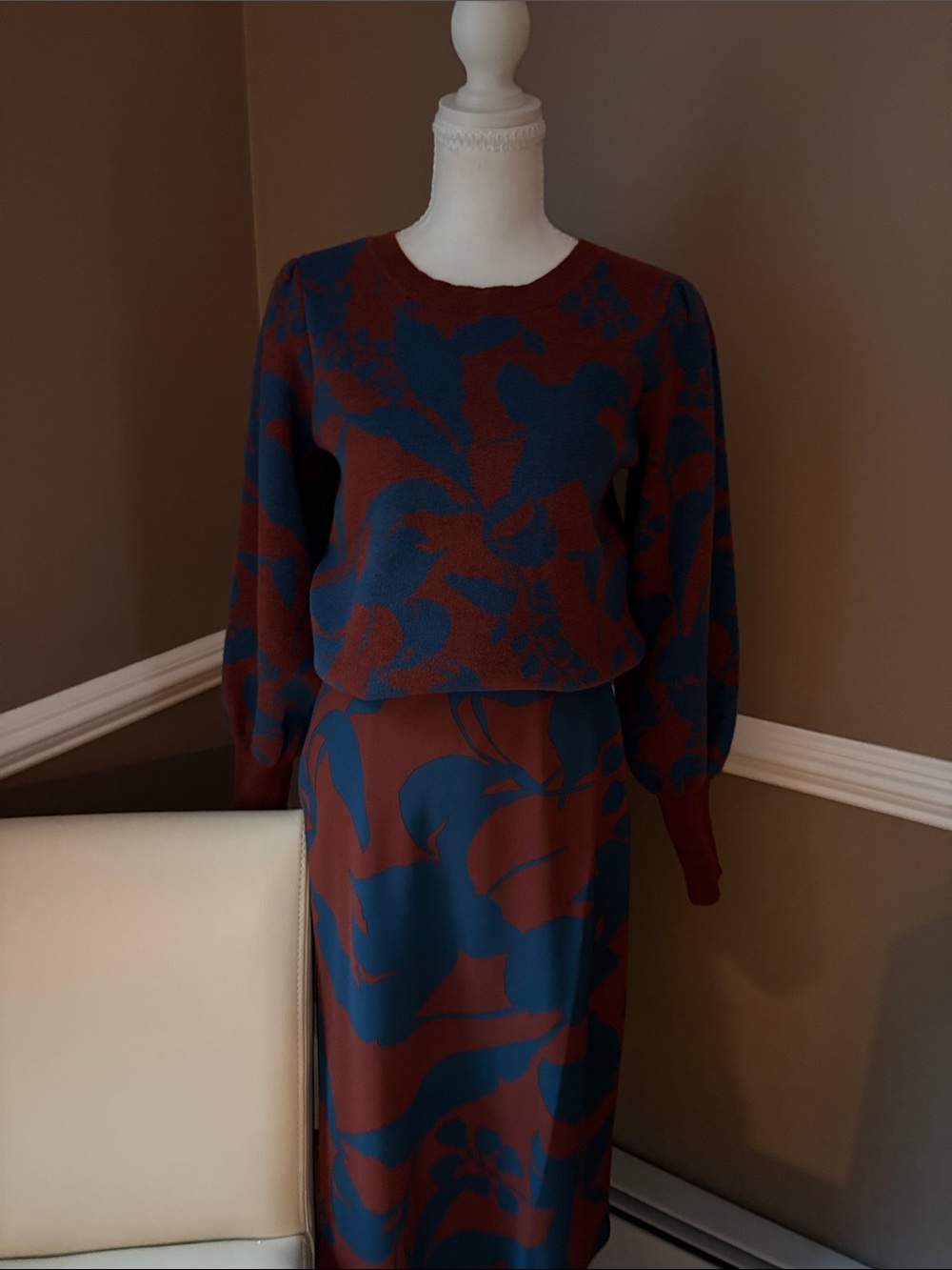 LOFT Blue and Brown Patterned Midi Skirt and matching sweater